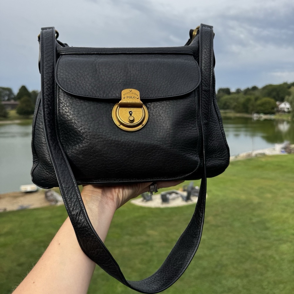 Vintage Classic Polo Ralph Lauren Black Pebbled Leather Shoulder Bag Brass Lock